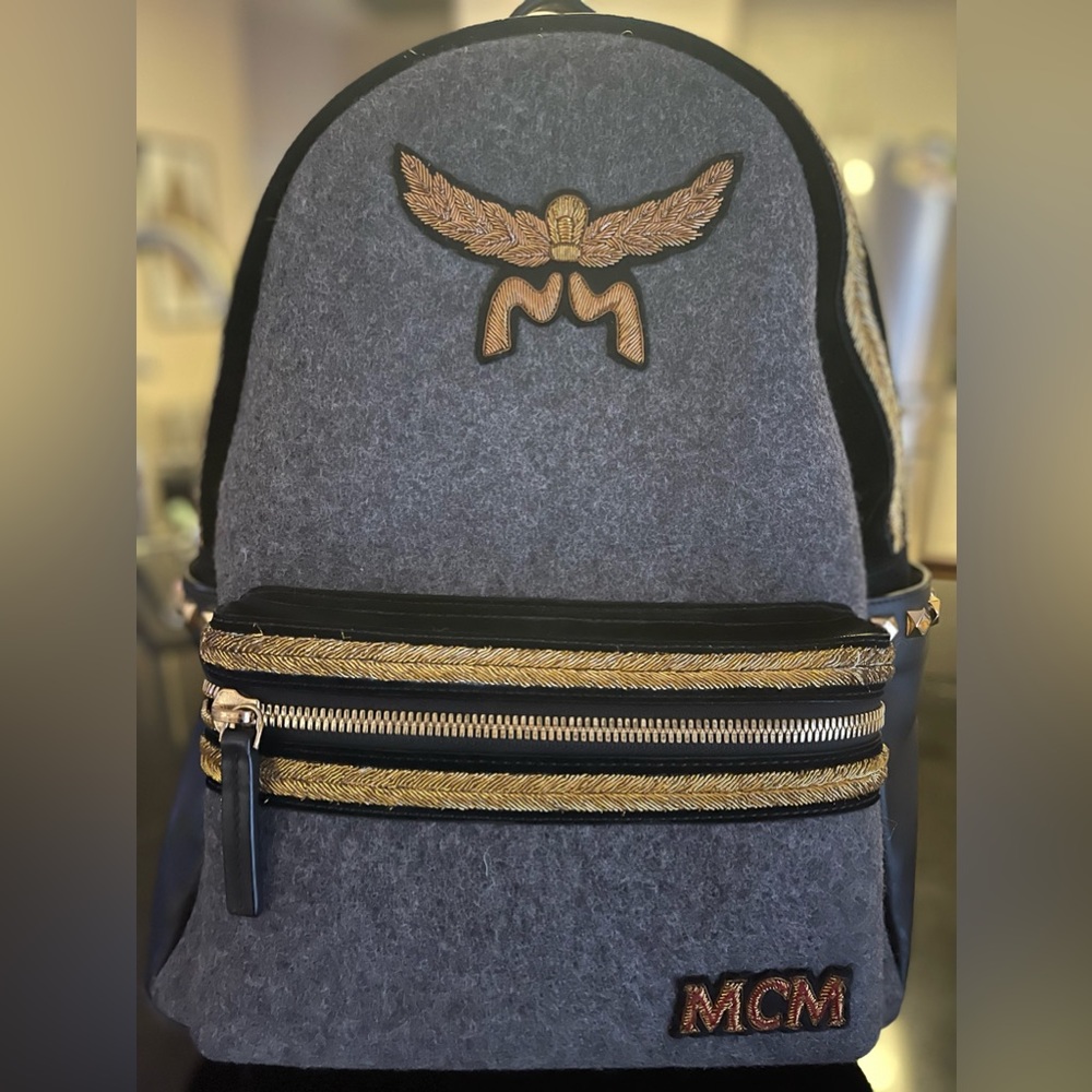 MCM gray leather & fabric large loden backpack